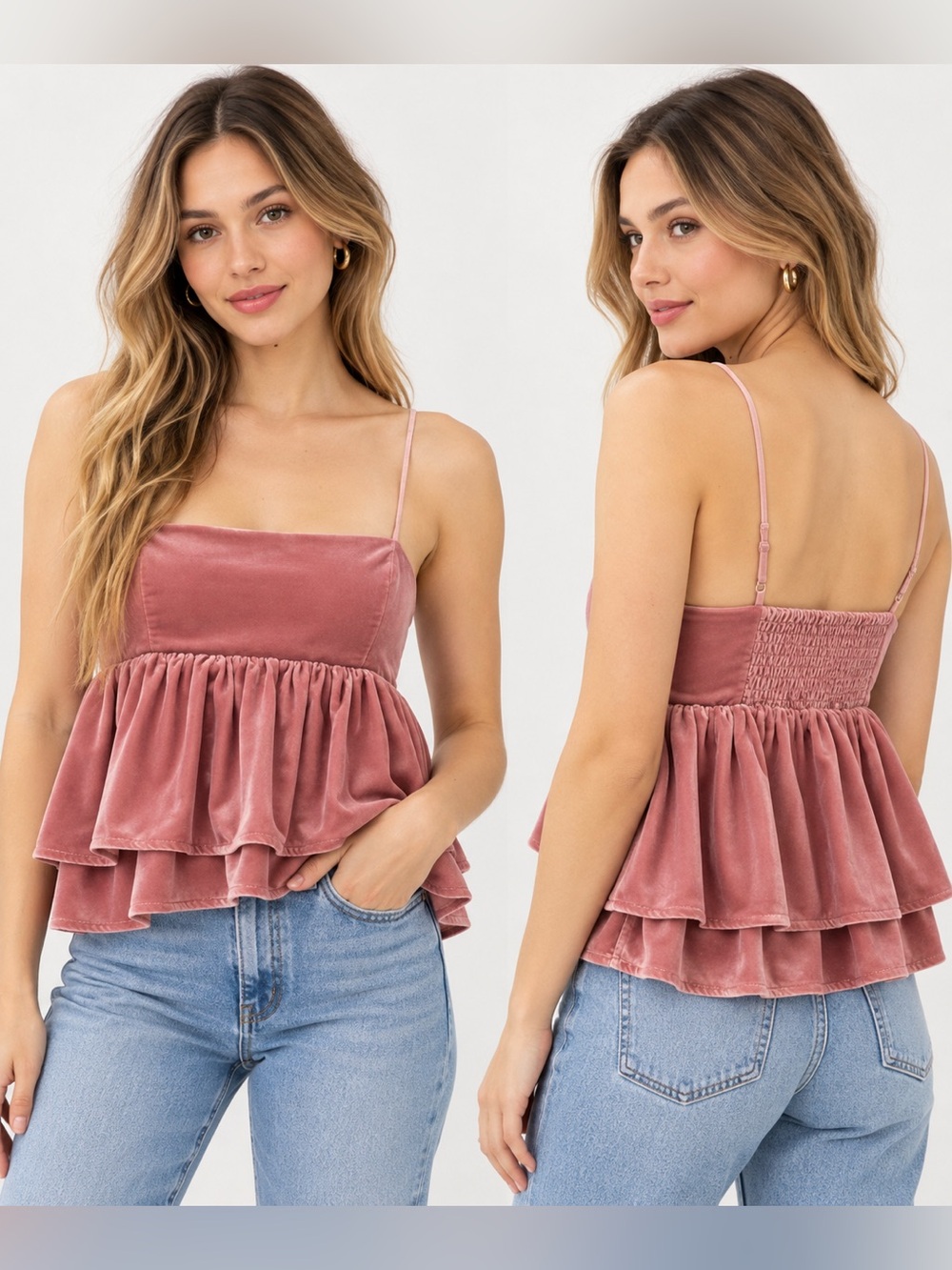 Urban Outfitters Olivia Velvet Tiered Peplum Cami – Dusty Rose Pink – Size S
